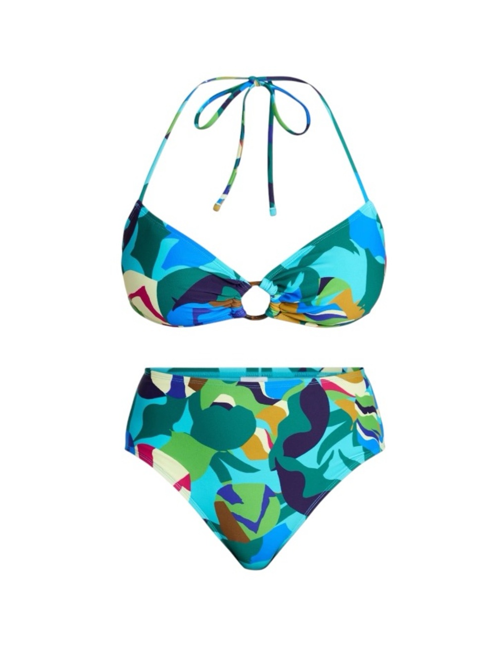 Time and Tru Teal Blue Green Abstract Ring-Front High-Waist Bikini - Picture 2 of 13